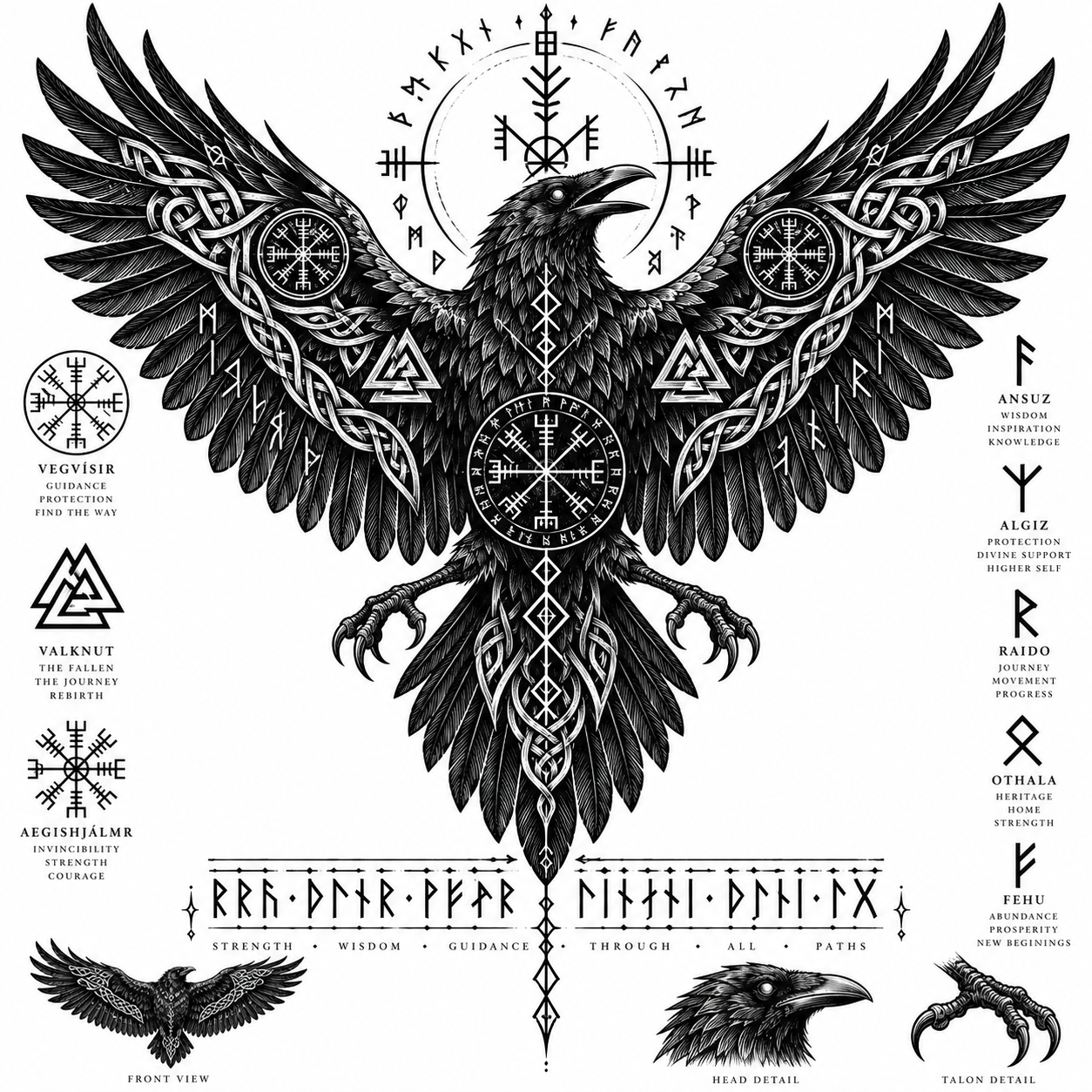 Blackwork norse raven with runes tattoo