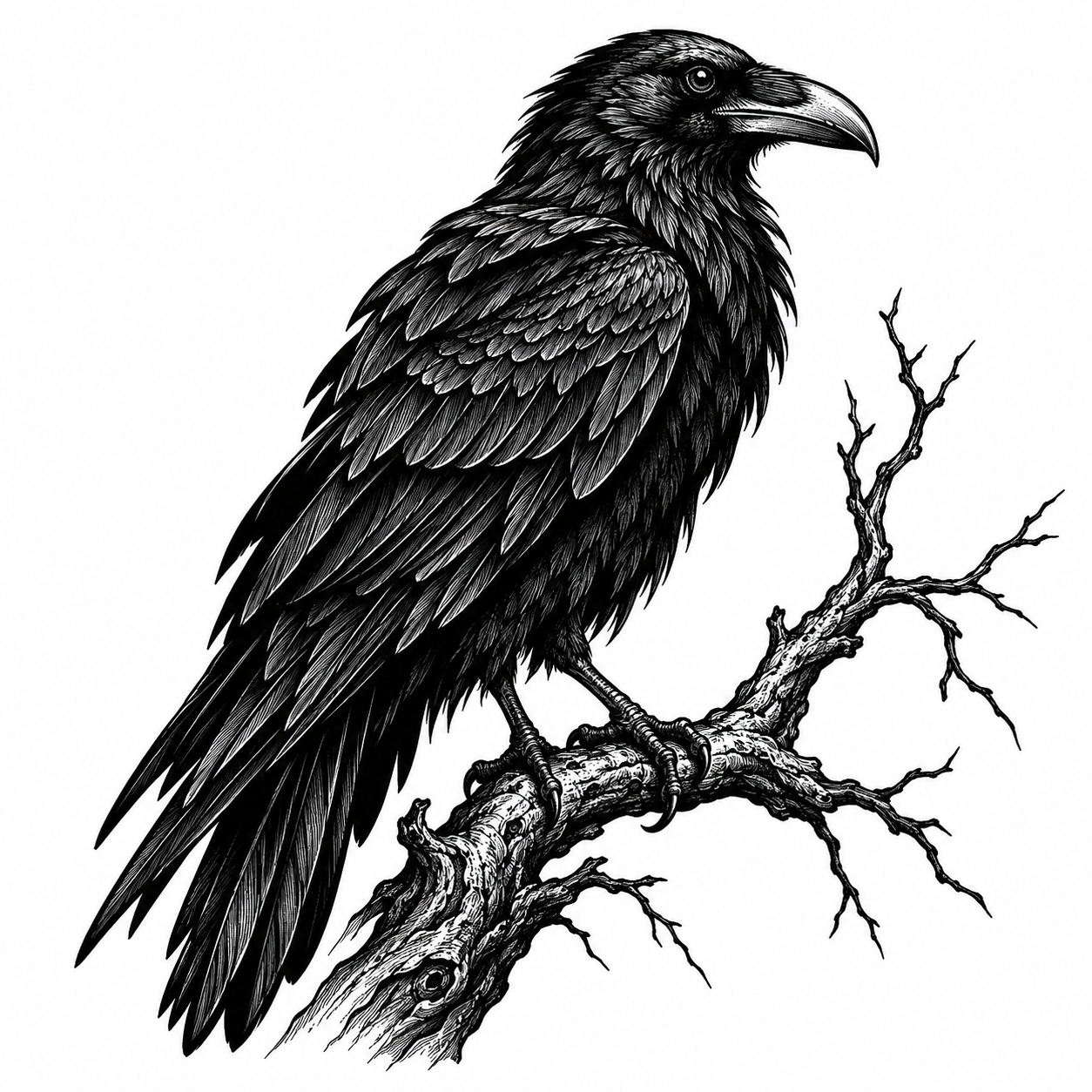 Blackwork raven perched on a branch tattoo