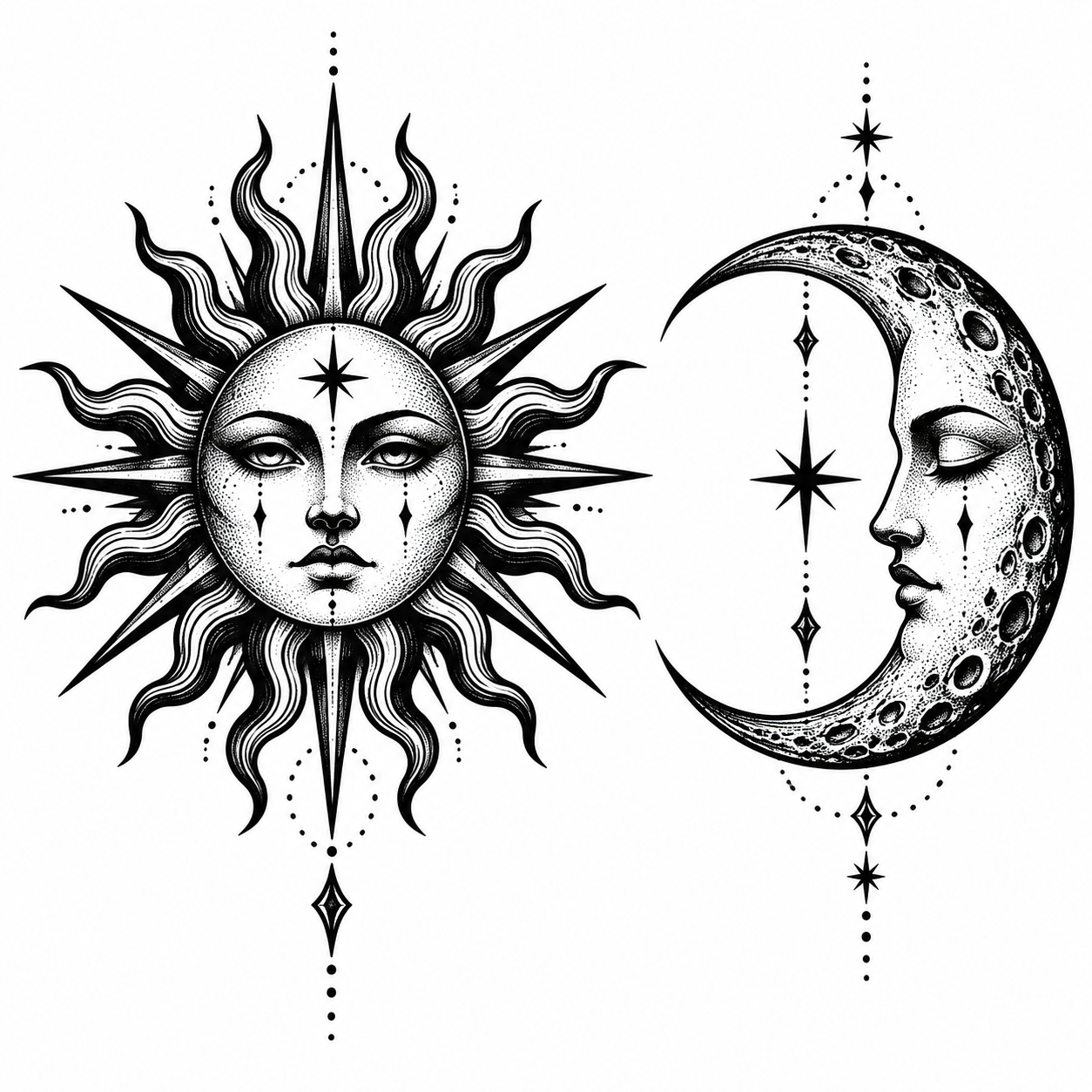 Blackwork sun and moon pair tattoo