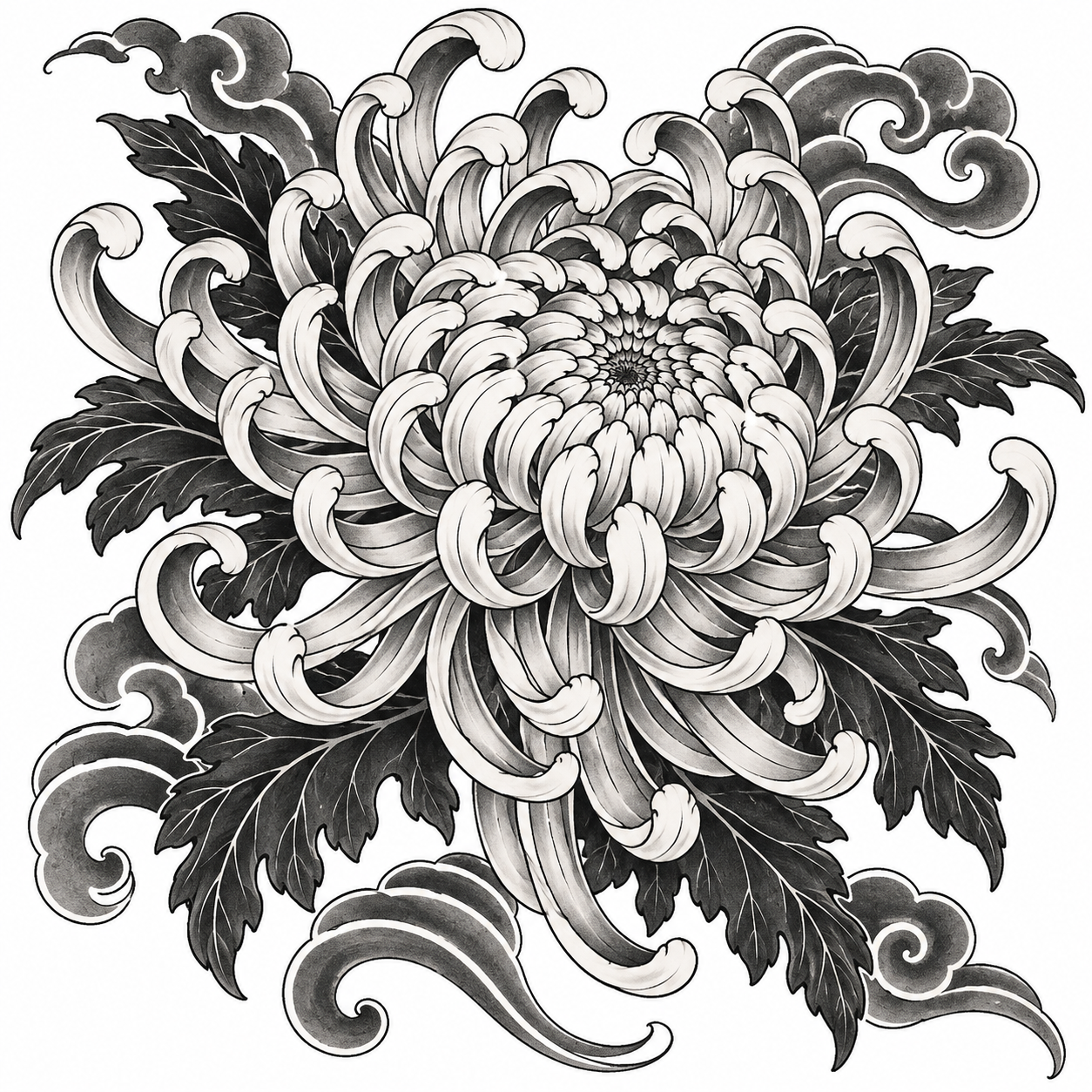 Chrysanthemum in traditional Japanese shading tattoo