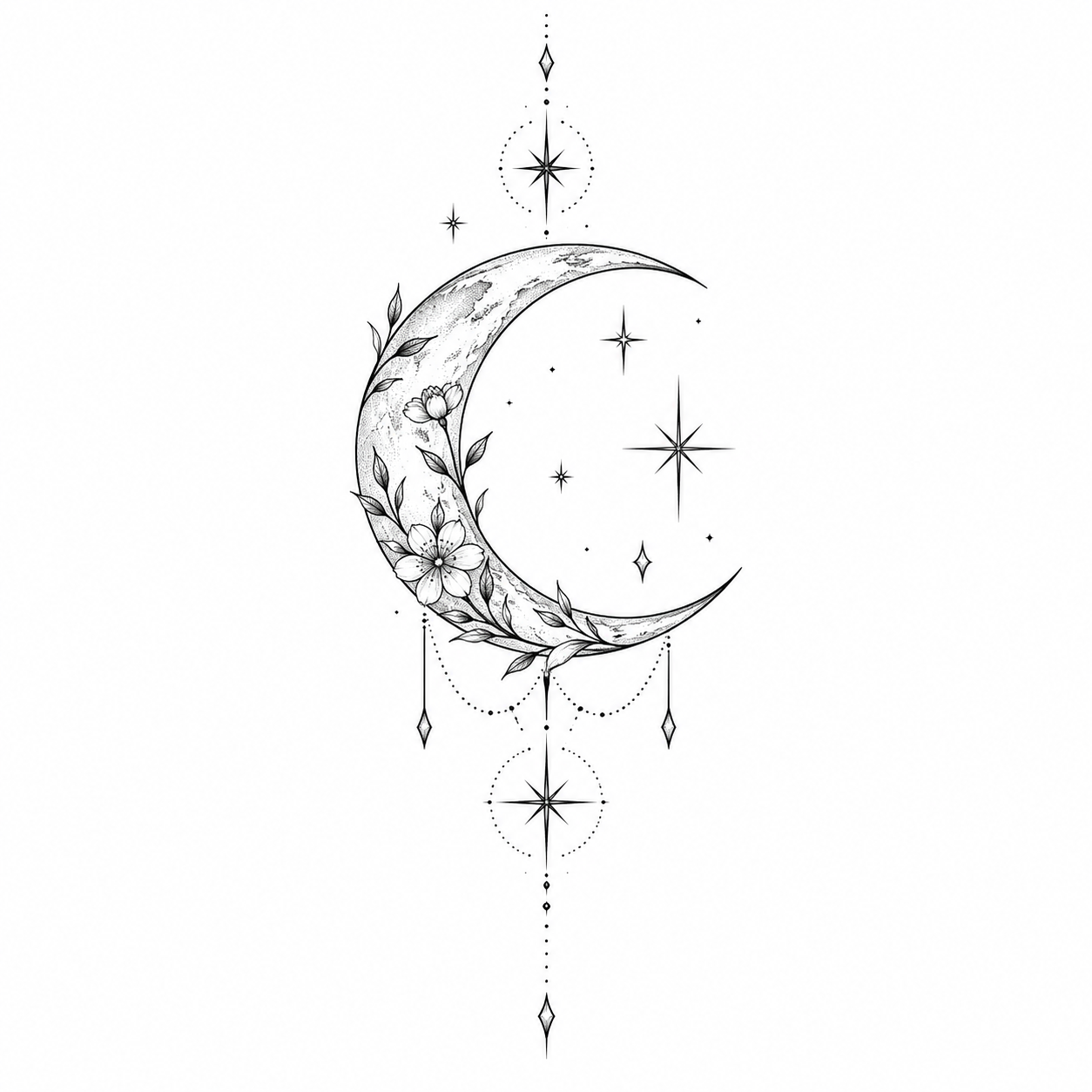 Crescent moon with tiny stars tattoo