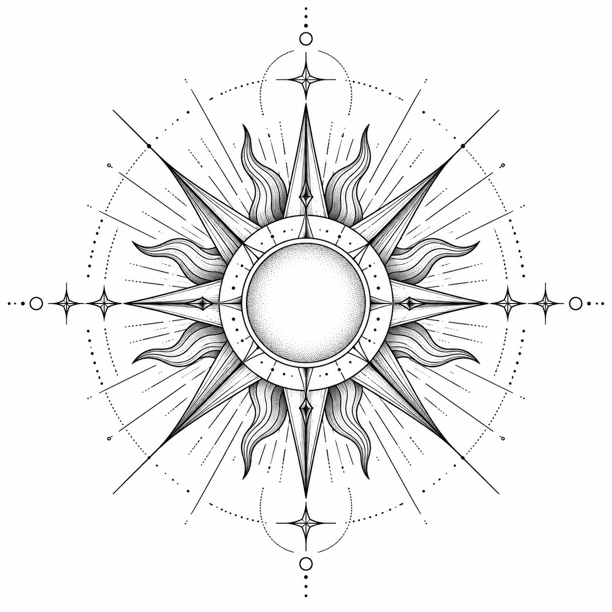Geometric sun with radiating lines tattoo