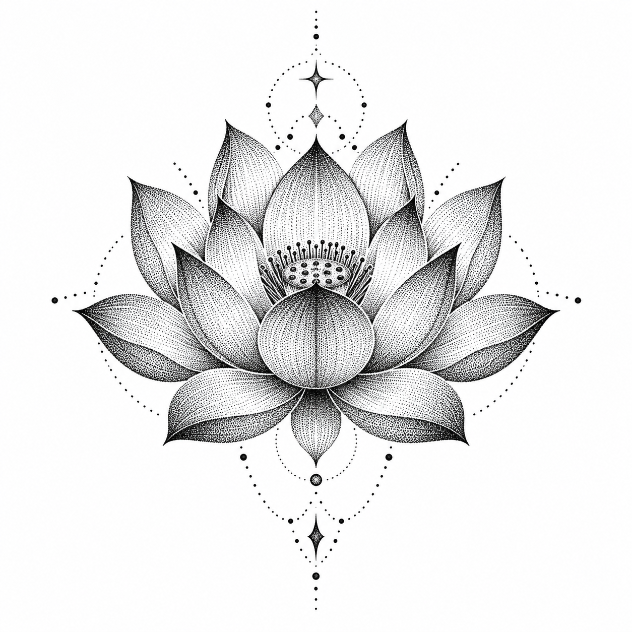 Lotus flower built from stippled dots tattoo