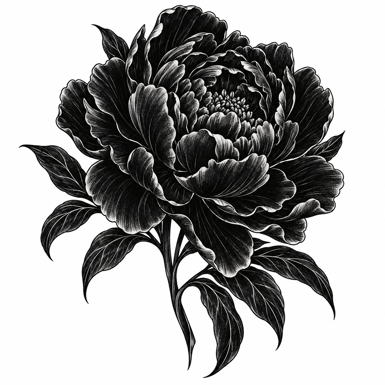 Peony in dense blackwork petals tattoo