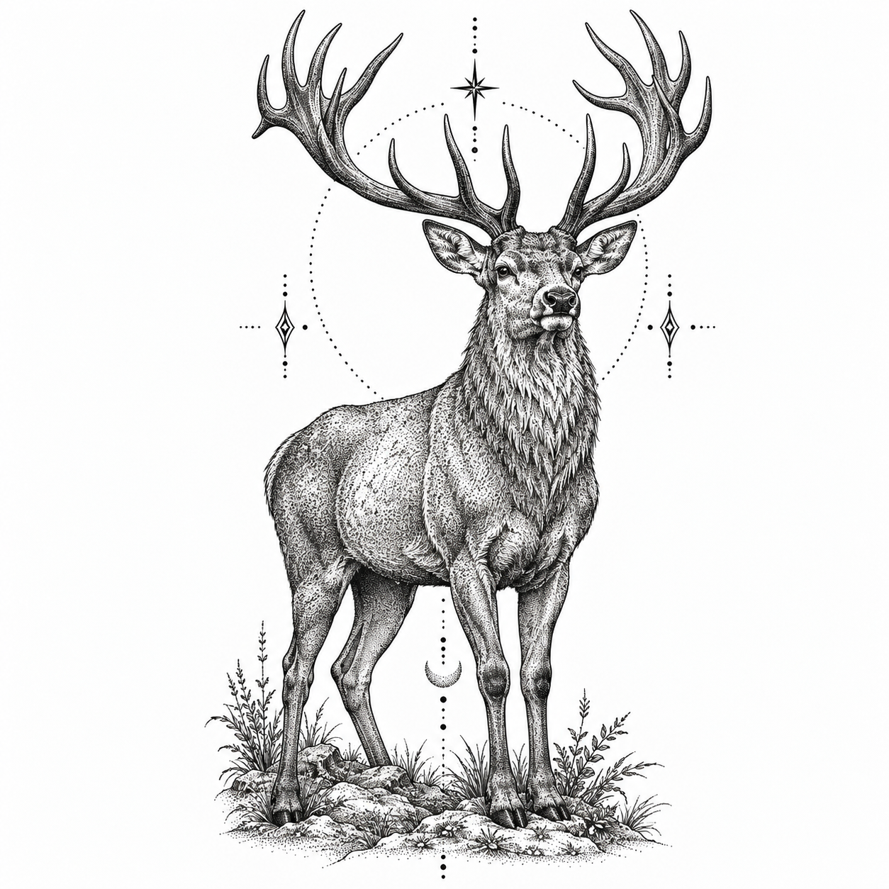 Stippled deer with antlers tattoo