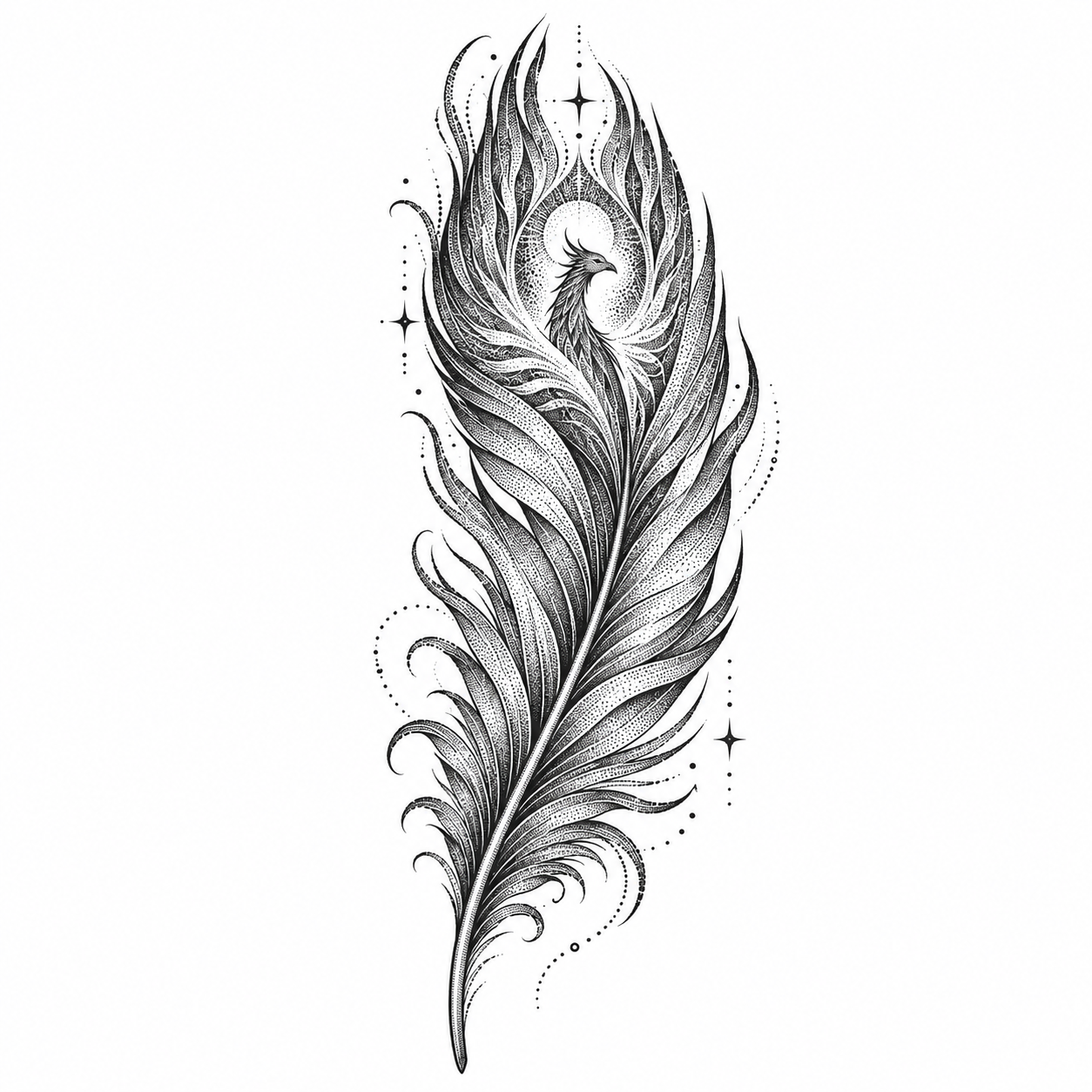 Stippled phoenix feather tattoo