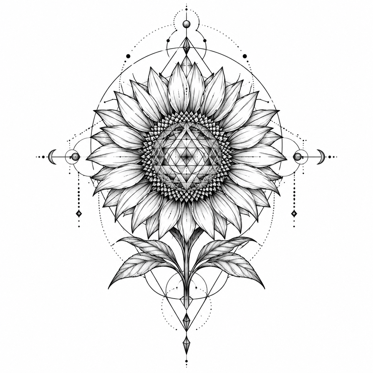 Sunflower with a geometric centre tattoo