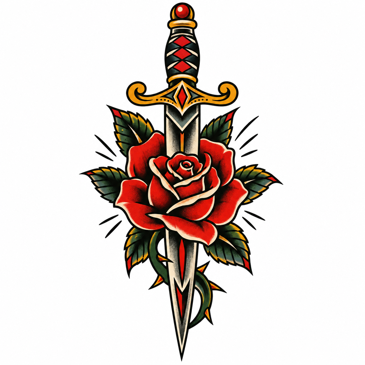 Traditional dagger with a rose tattoo