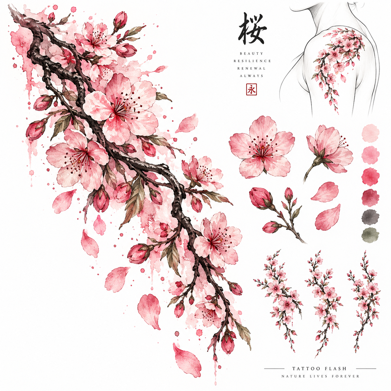 Watercolor cherry blossom branch tattoo