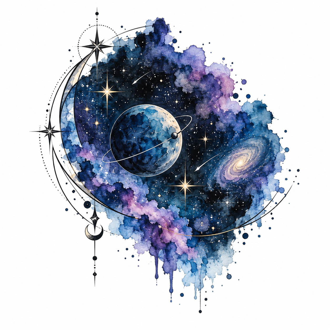 Watercolor night sky with a small planet tattoo