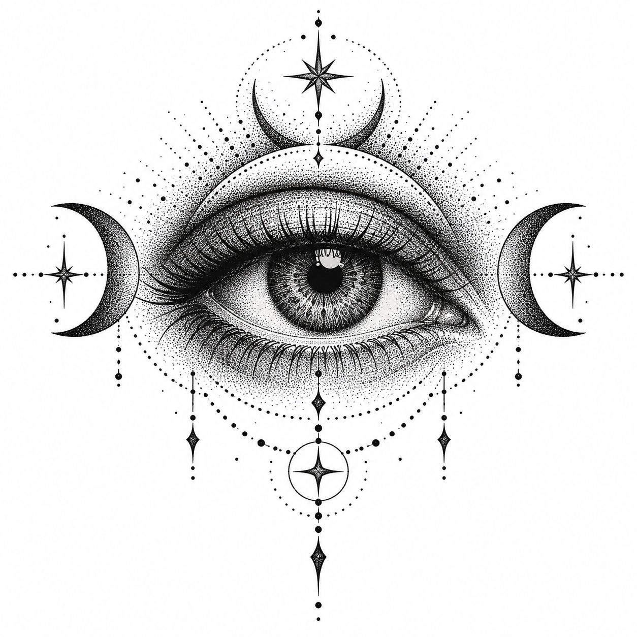 Eye rendered in dotwork tattoo