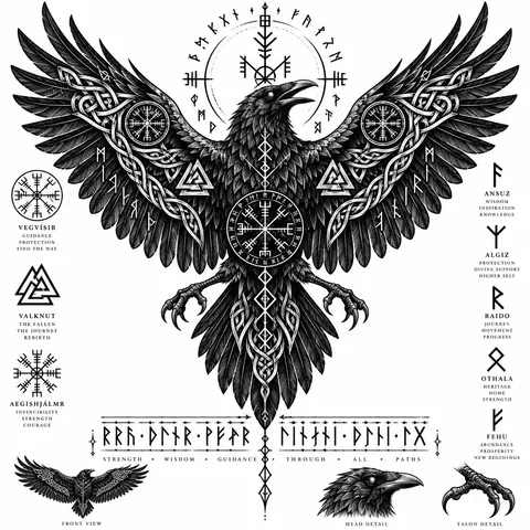 Blackwork norse raven with runes tattoo