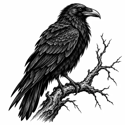 Blackwork raven perched on a branch tattoo