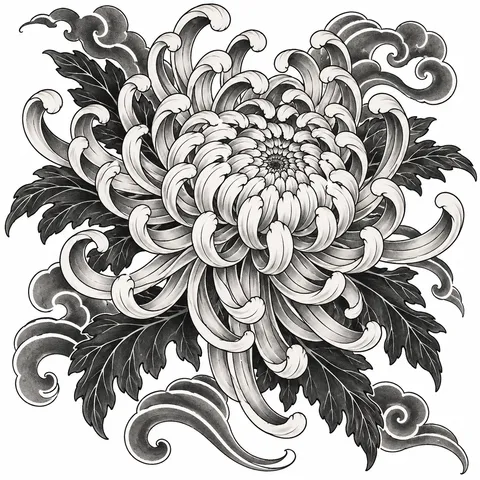 Chrysanthemum in traditional Japanese shading tattoo