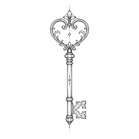 Fine line key with a small heart bow tattoo