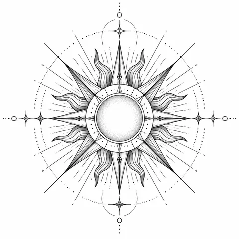 Geometric sun with radiating lines tattoo