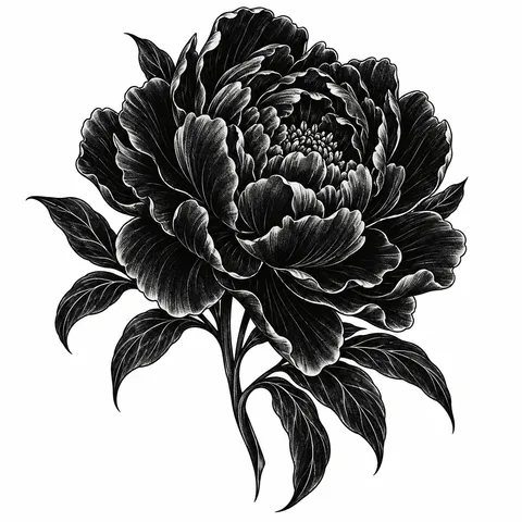 Peony in dense blackwork petals tattoo