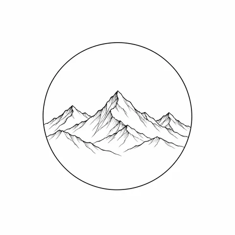 Single line mountain range inside a circle tattoo