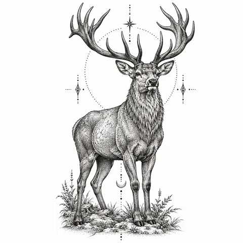 Stippled deer with antlers tattoo
