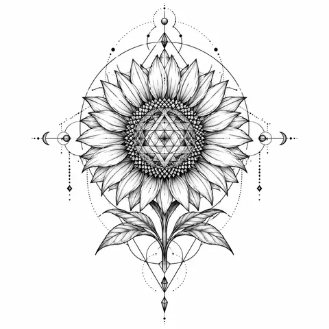 Sunflower with a geometric centre tattoo
