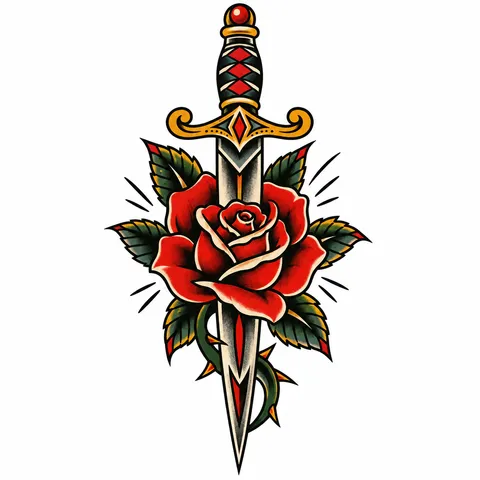 Traditional dagger with a rose tattoo