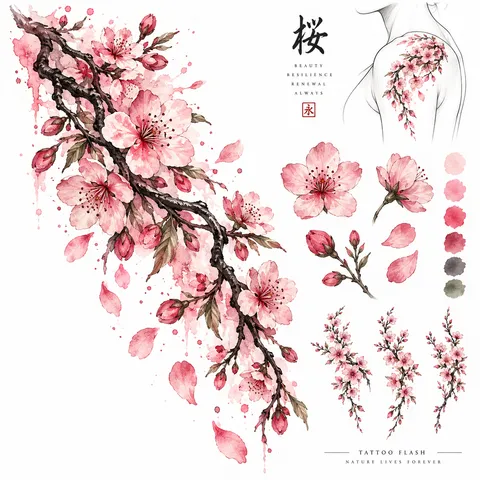 Watercolor cherry blossom branch tattoo