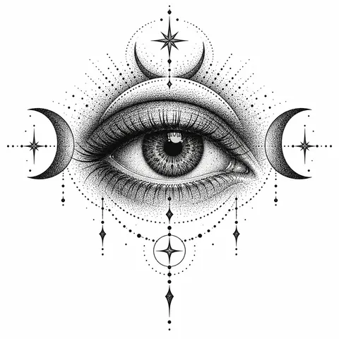 Eye rendered in dotwork tattoo