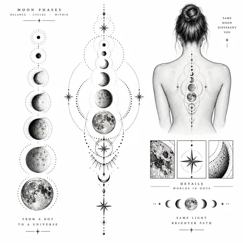 Moon phases as five dots to crescents tattoo